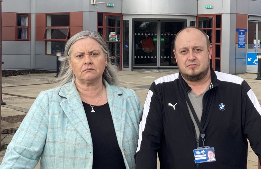 Roz McCall MSP and Cllr Gavin Ellis outside Queen Margaret Hospital