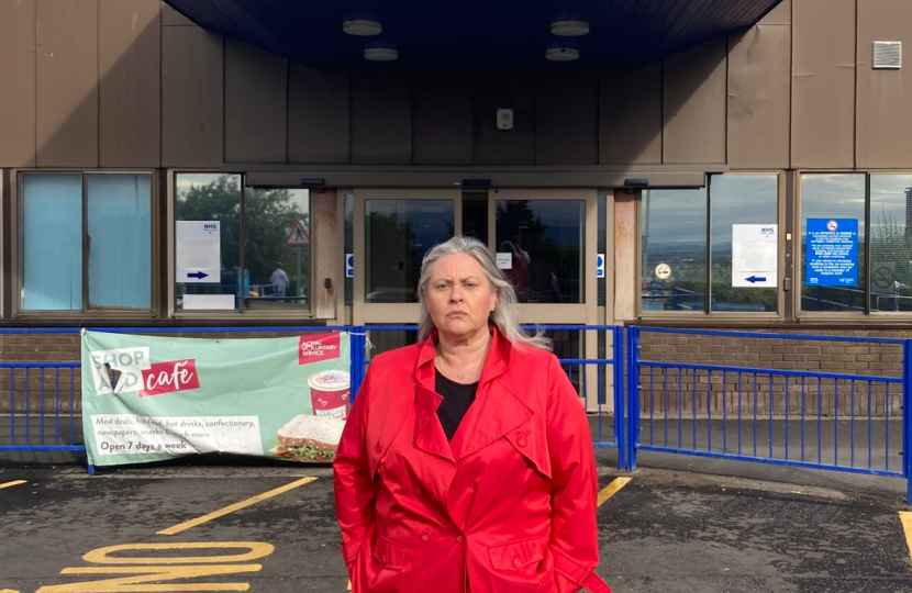 Roz McCall Outside Queen Margaret Hospital