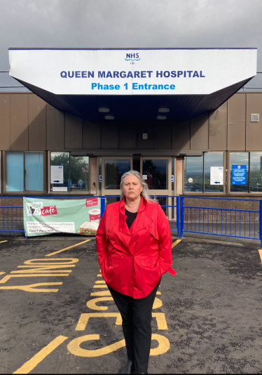 Roz McCall Outside Queen Margaret Hospital